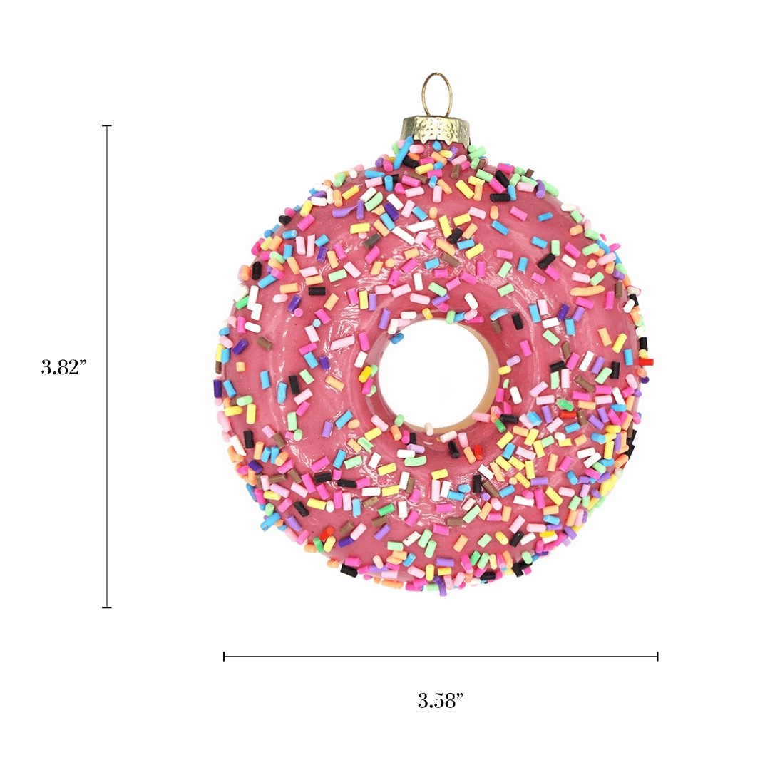 Chive glass donut ornament with a dimension diagram showing its full round size.