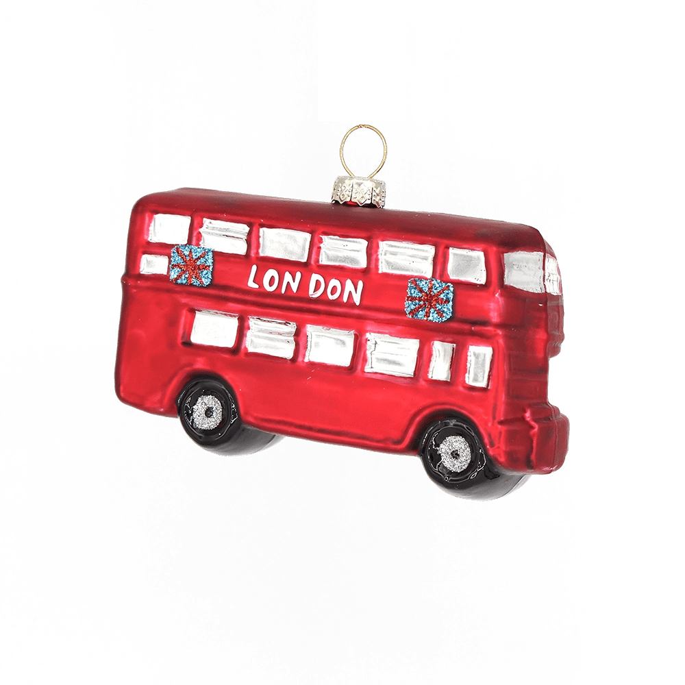 Chive glass London double-decker bus ornament in red with Union Jack flag detail.