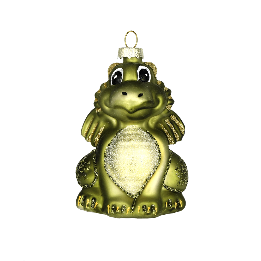 Chive glass dragon ornament in green with a glittered gold belly and spiked wings.
