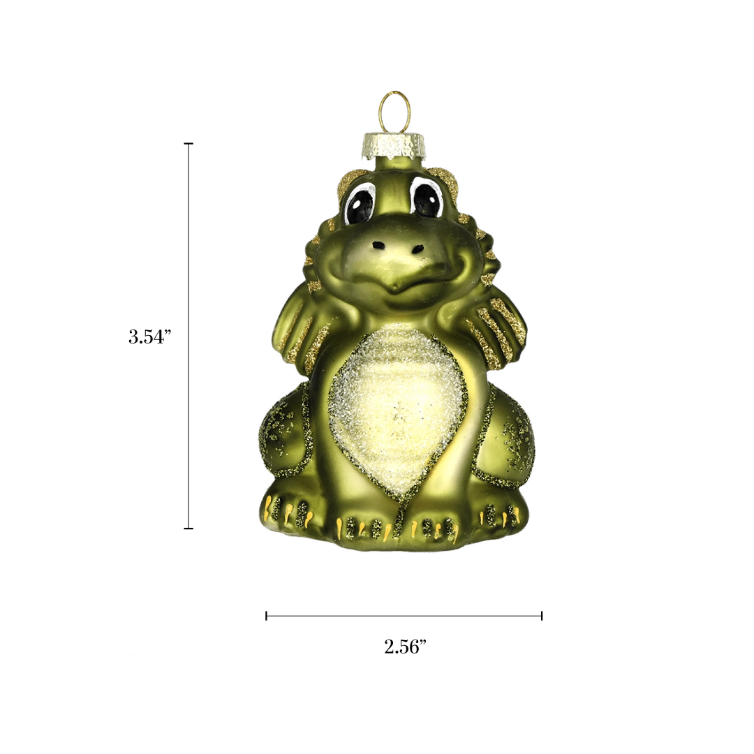 Chive glass dragon ornament with a dimension diagram showing its small sitting size.