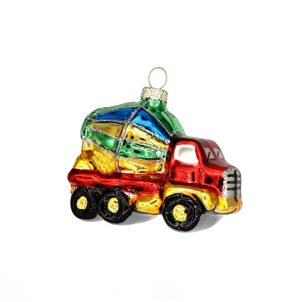 Chive glass dump truck ornament in red and gold with a multicolor patchwork load.