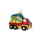 Chive glass dump truck ornament in red and gold with a multicolor patchwork load.