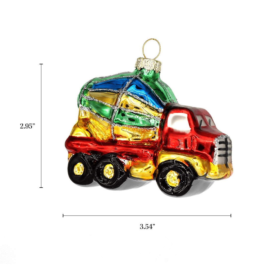 Chive glass dump truck ornament with a dimension diagram showing its small tabletop scale.