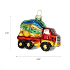 Chive glass dump truck ornament with a dimension diagram showing its small tabletop scale.