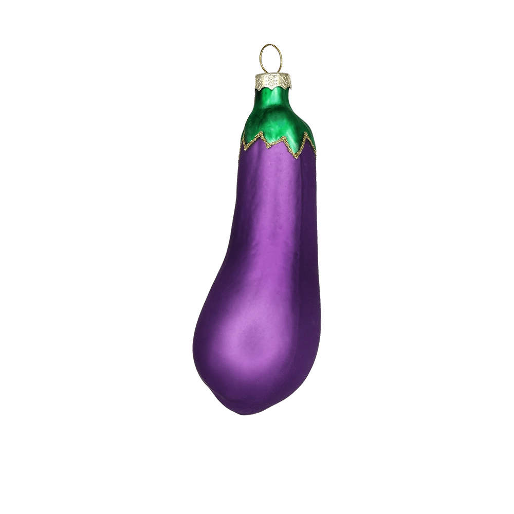 Chive glass eggplant ornament in matte purple with a glittered green stem cap.