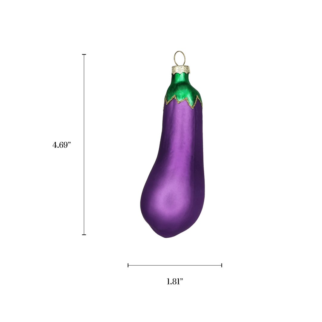 Chive glass eggplant ornament with a dimension diagram showing its curved elongated shape.