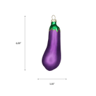 Chive glass eggplant ornament with a dimension diagram showing its curved elongated shape.