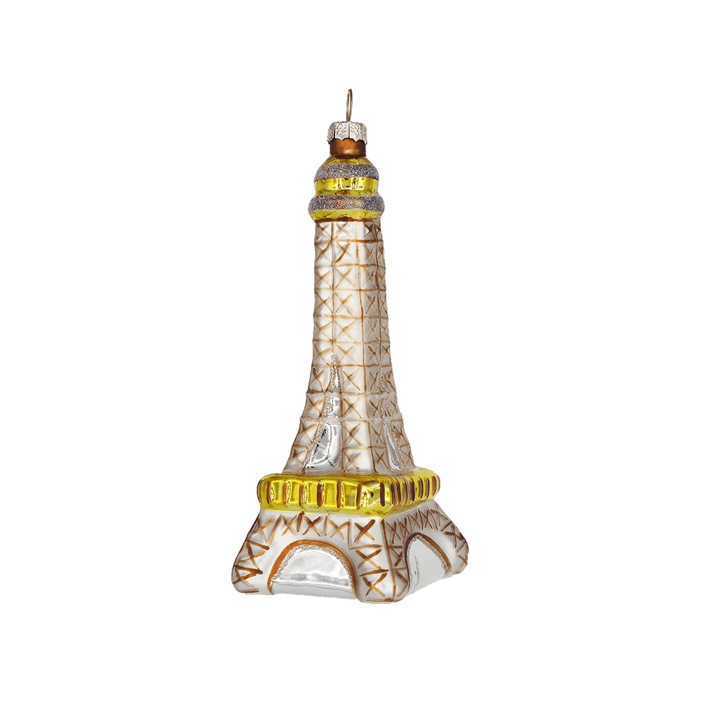 Chive glass Eiffel Tower ornament in silver and gold with a criss-cross lattice pattern.