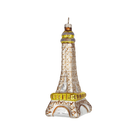 Chive glass Eiffel Tower ornament in silver and gold with a criss-cross lattice pattern.