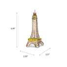 Chive glass Eiffel Tower ornament with a dimension diagram showing its tapered silhouette.