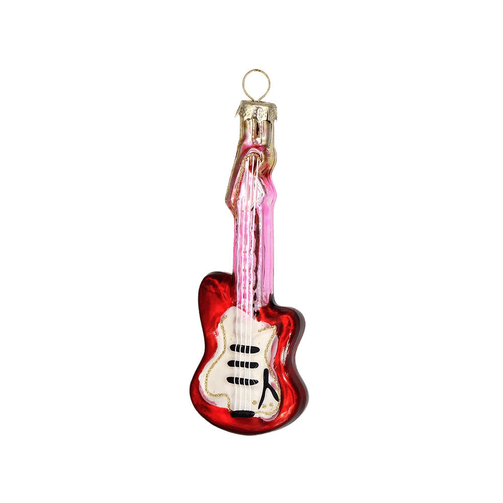 Chive glass electric guitar ornament in red with a pink neck and white pickguard.