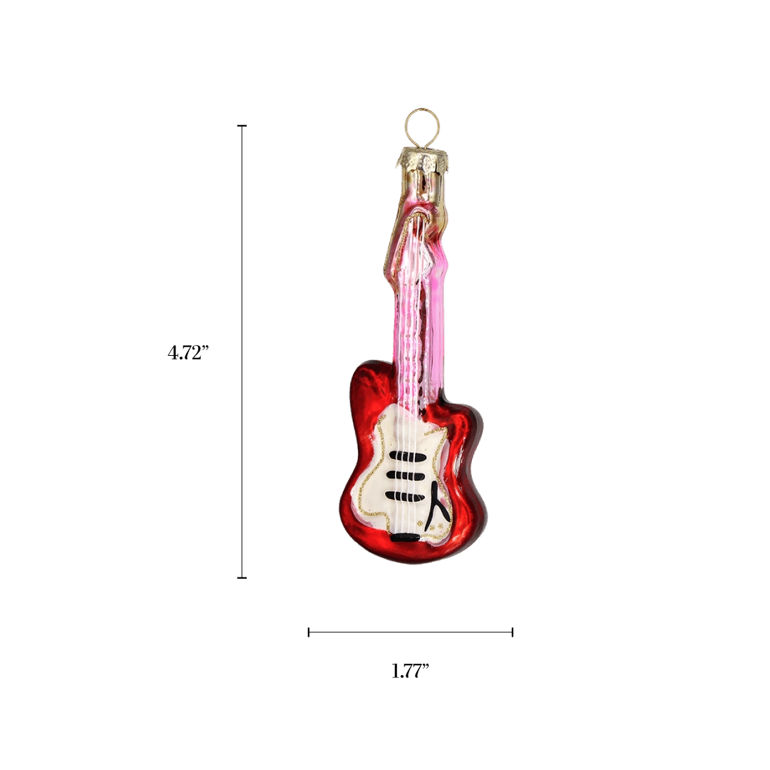Chive glass electric guitar ornament with a dimension diagram showing its slim body.