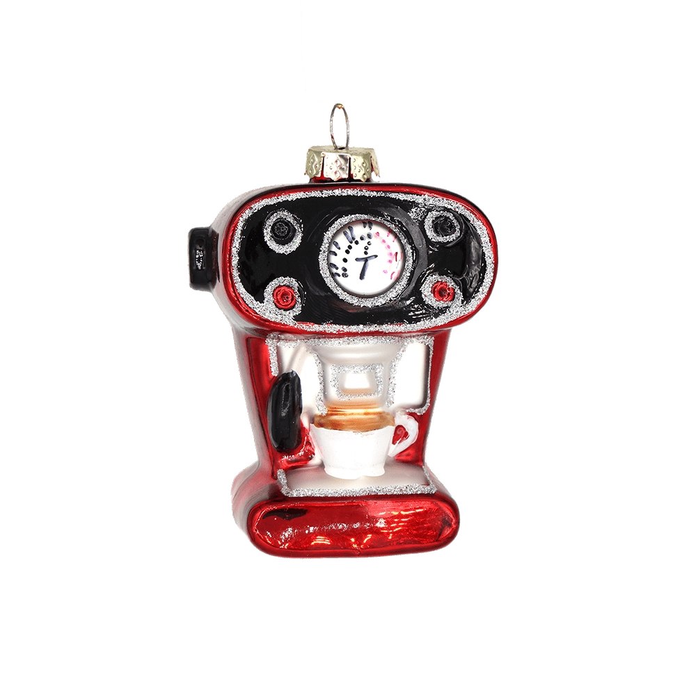 Chive glass espresso machine ornament in red with a gauge dial and mini cup detail.