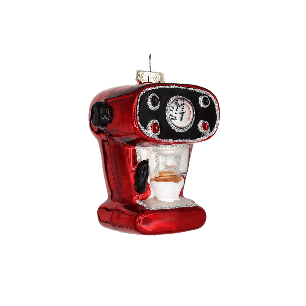 Chive glass espresso machine ornament shown at an angle with a glittered silver trim.