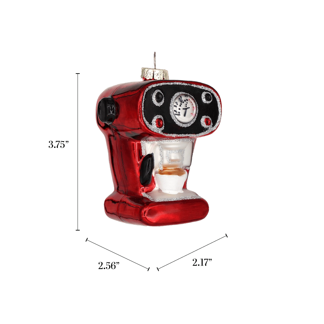 Chive glass espresso machine ornament with a dimension diagram showing its compact size.
