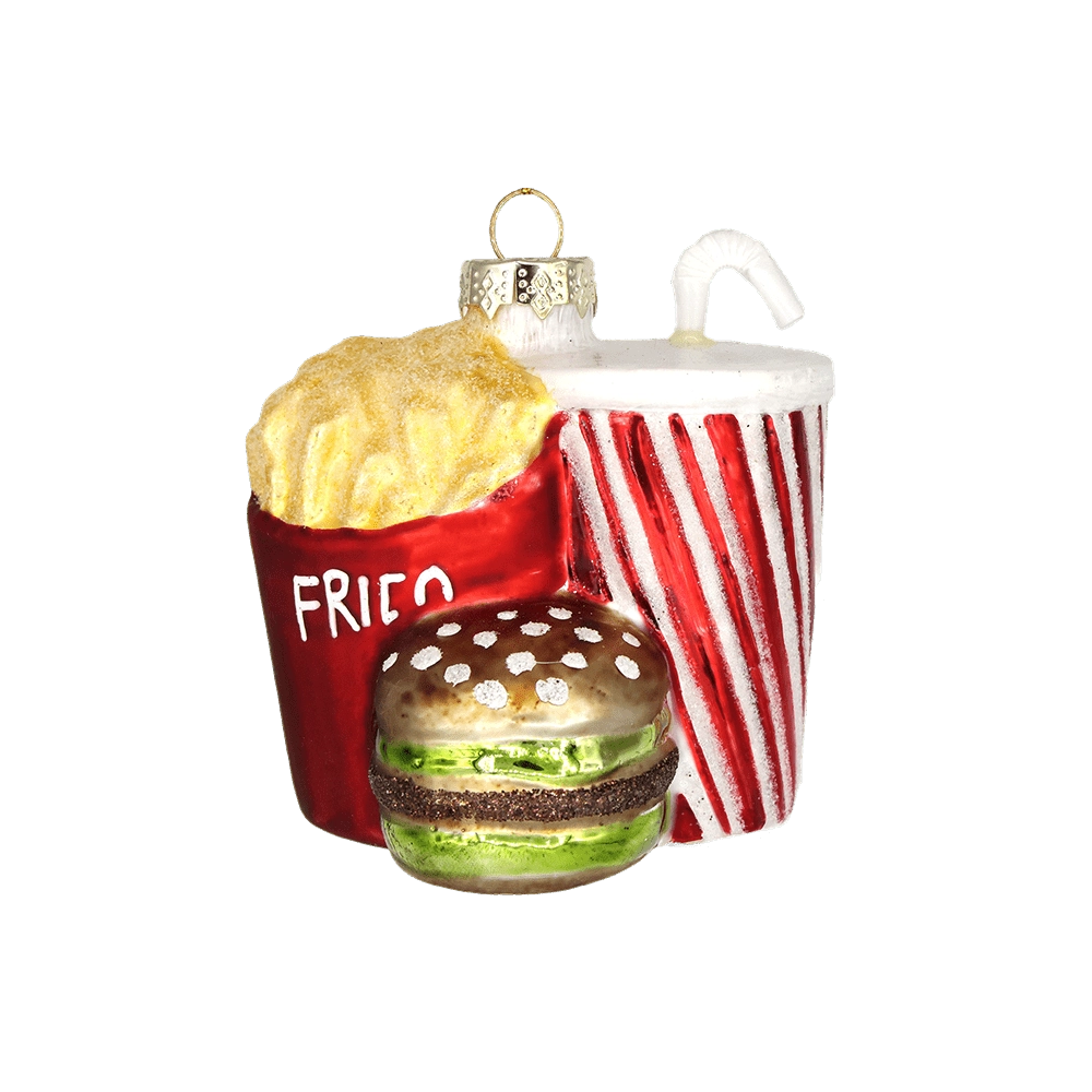 Chive glass fast food ornament grouping fries, a burger, and a striped drink cup.