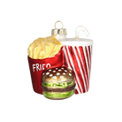 Chive glass fast food ornament grouping fries, a burger, and a striped drink cup.