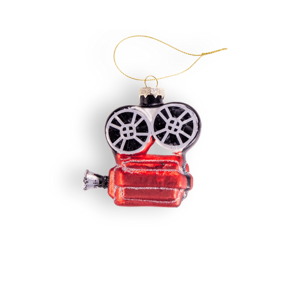Chive glass film projector ornament in red with black-and-white reel detail.