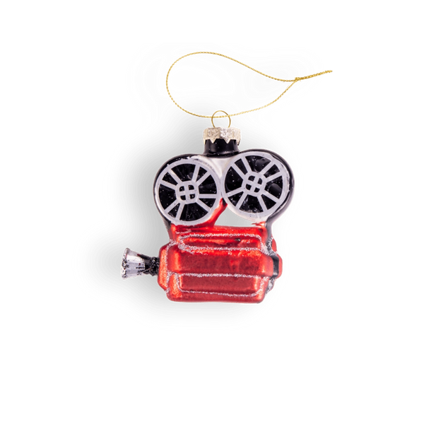 Chive glass film projector ornament in red with black-and-white reel detail.