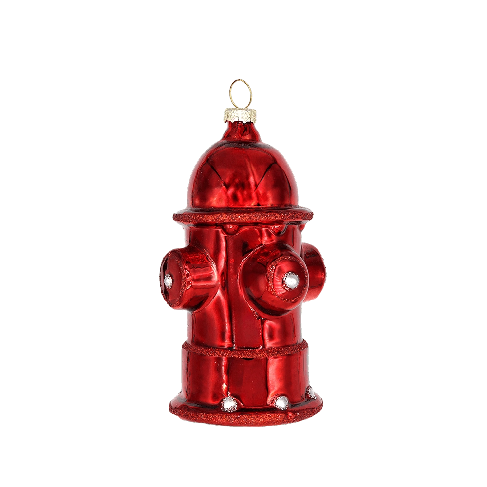 Chive glass fire hydrant ornament in glossy red with silvered cap details.
