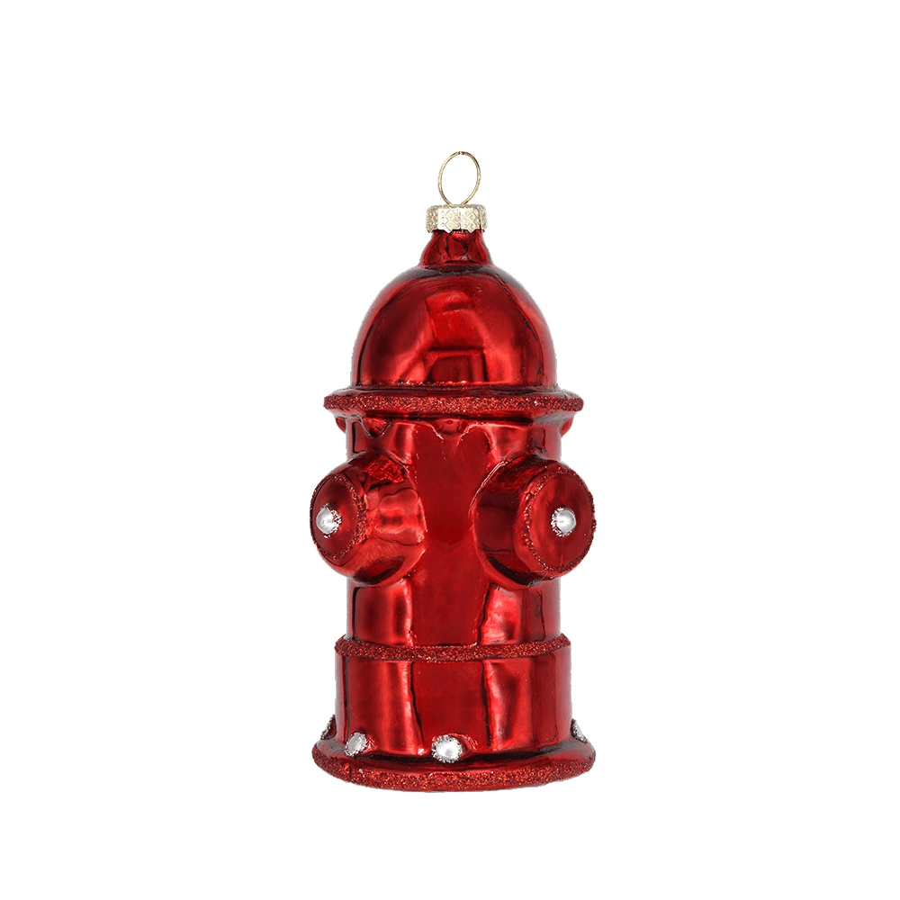 Chive glass fire hydrant ornament shown straight-on with glittered rim accents.