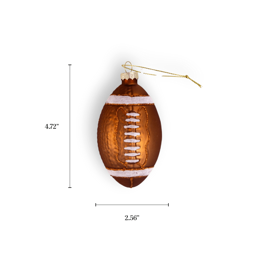 Chive glass football ornament in brown with glittered laces and stripes.