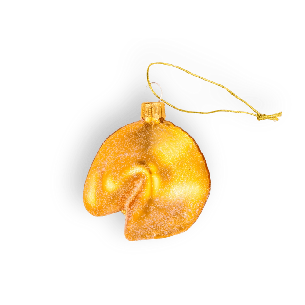 Chive glass fortune cookie ornament in golden yellow with a curved fold.