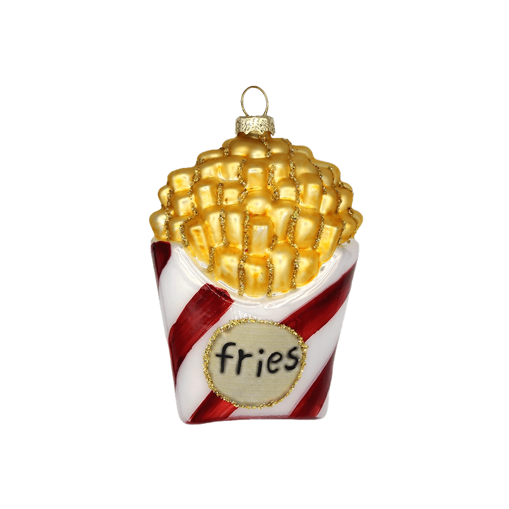 Chive glass French fries ornament in a red and white striped box with "fries" label.