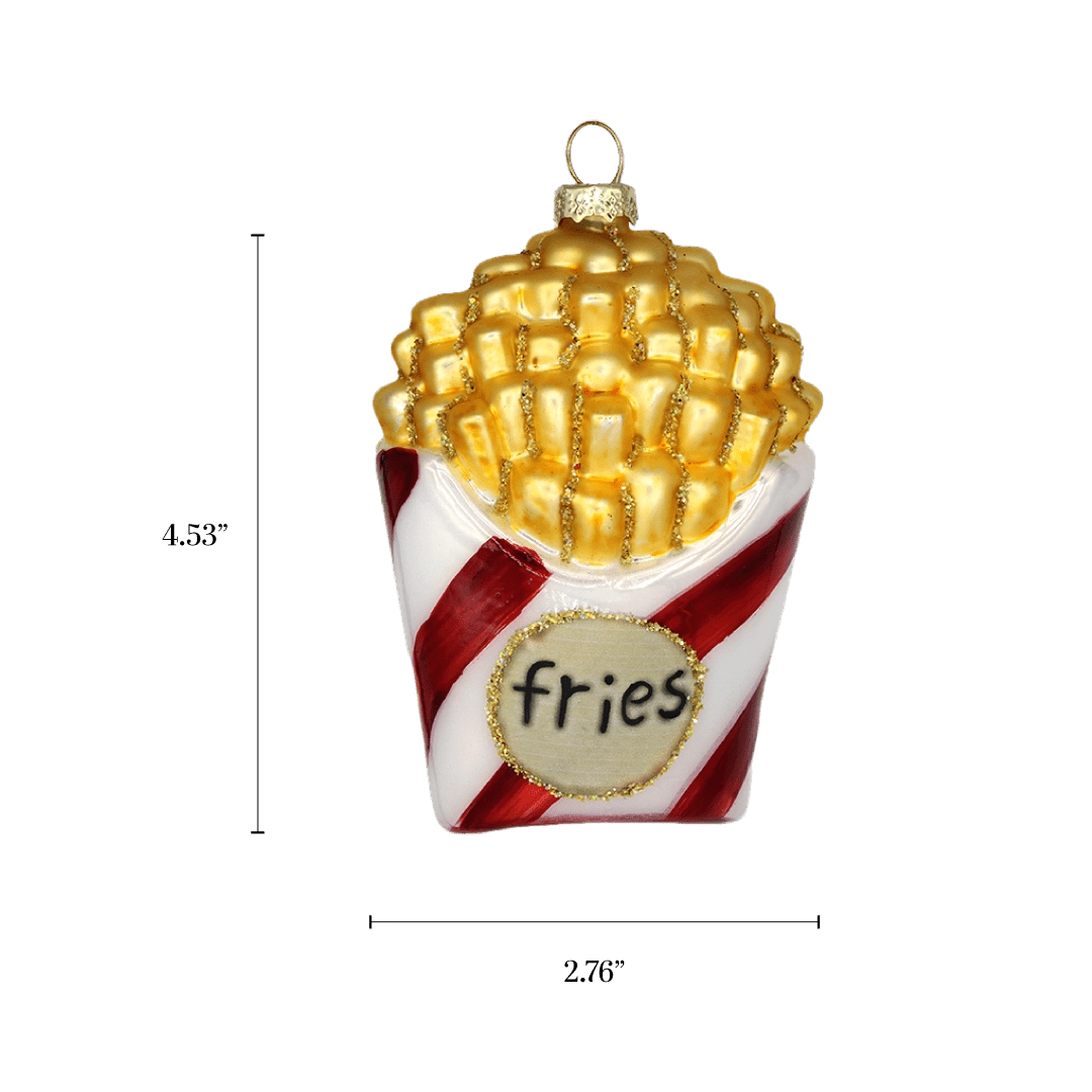 Chive glass French fries ornament with a dimension diagram showing its tall striped box.