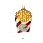 Chive glass French fries ornament with a dimension diagram showing its tall striped box.