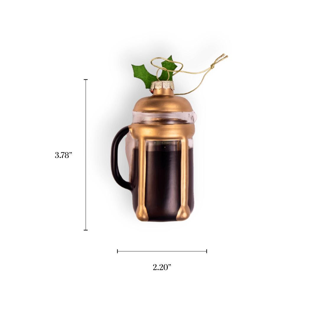 Chive glass French press ornament in gold with a holly leaf accent.