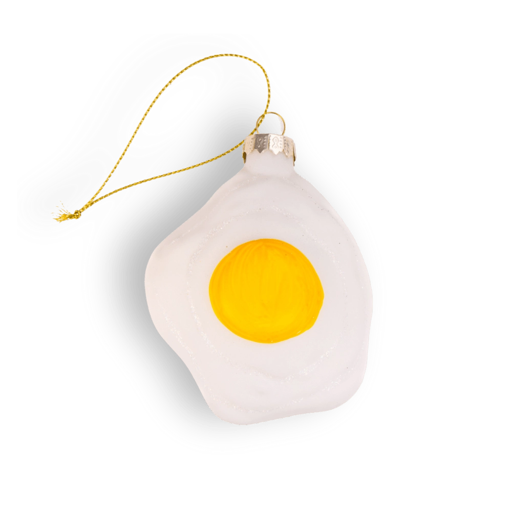 Chive glass fried egg ornament with a glossy yolk and matte white finish.