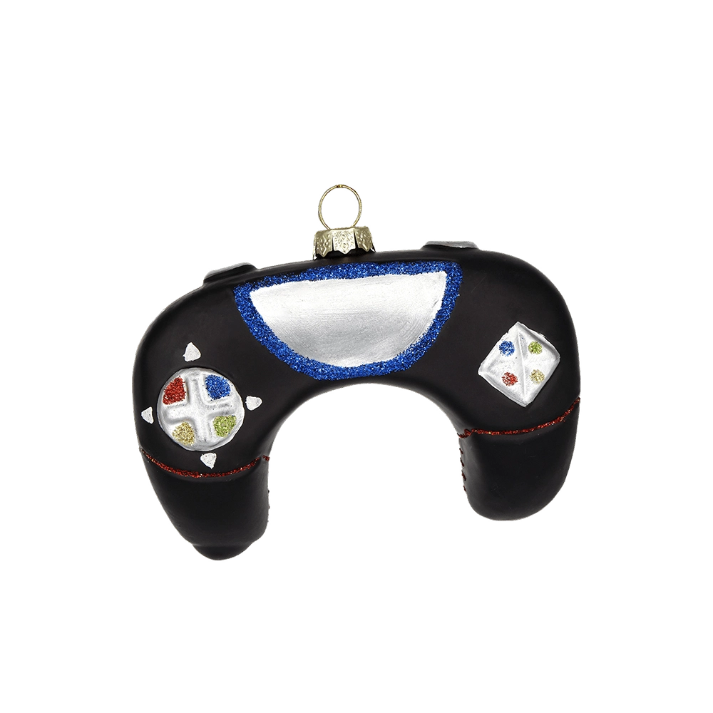 Chive glass game controller ornament in black with colorful glittered buttons.
