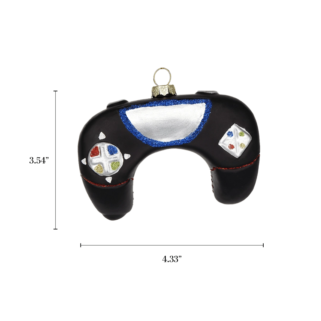 Chive glass game controller ornament with a dimension diagram showing its wide shape.