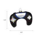 Chive glass game controller ornament with a dimension diagram showing its wide shape.