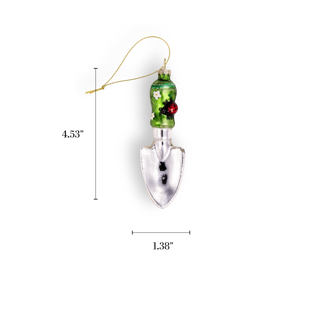Chive glass garden trowel ornament in green with a ladybug and daisy accents.