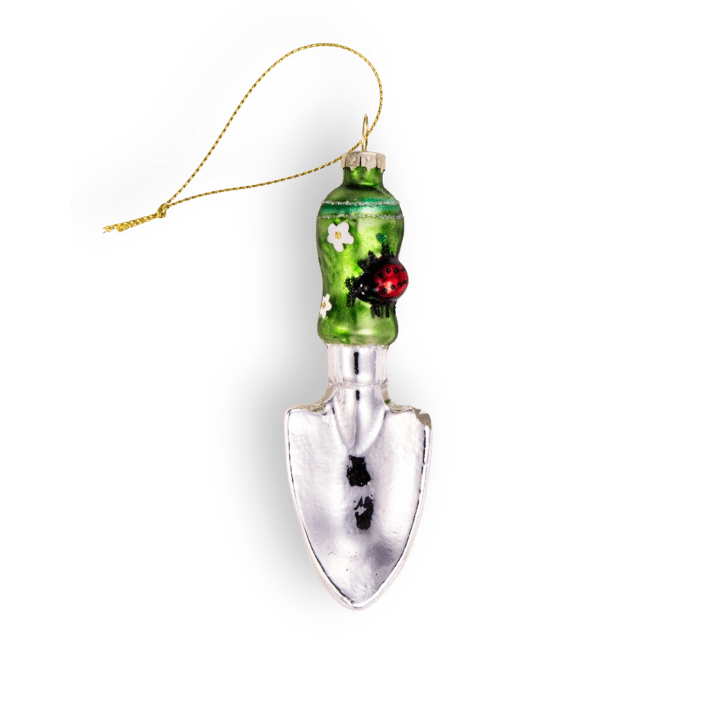 Chive glass garden trowel ornament dimensions showing small tabletop-friendly scale.
