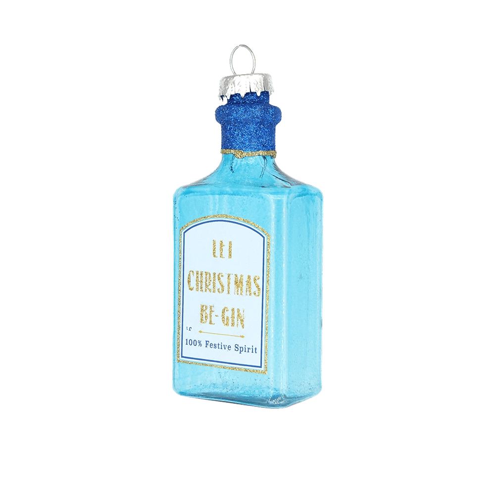 Chive glass gin bottle ornament in blue with a "Let Christmas Be-Gin" label pun.