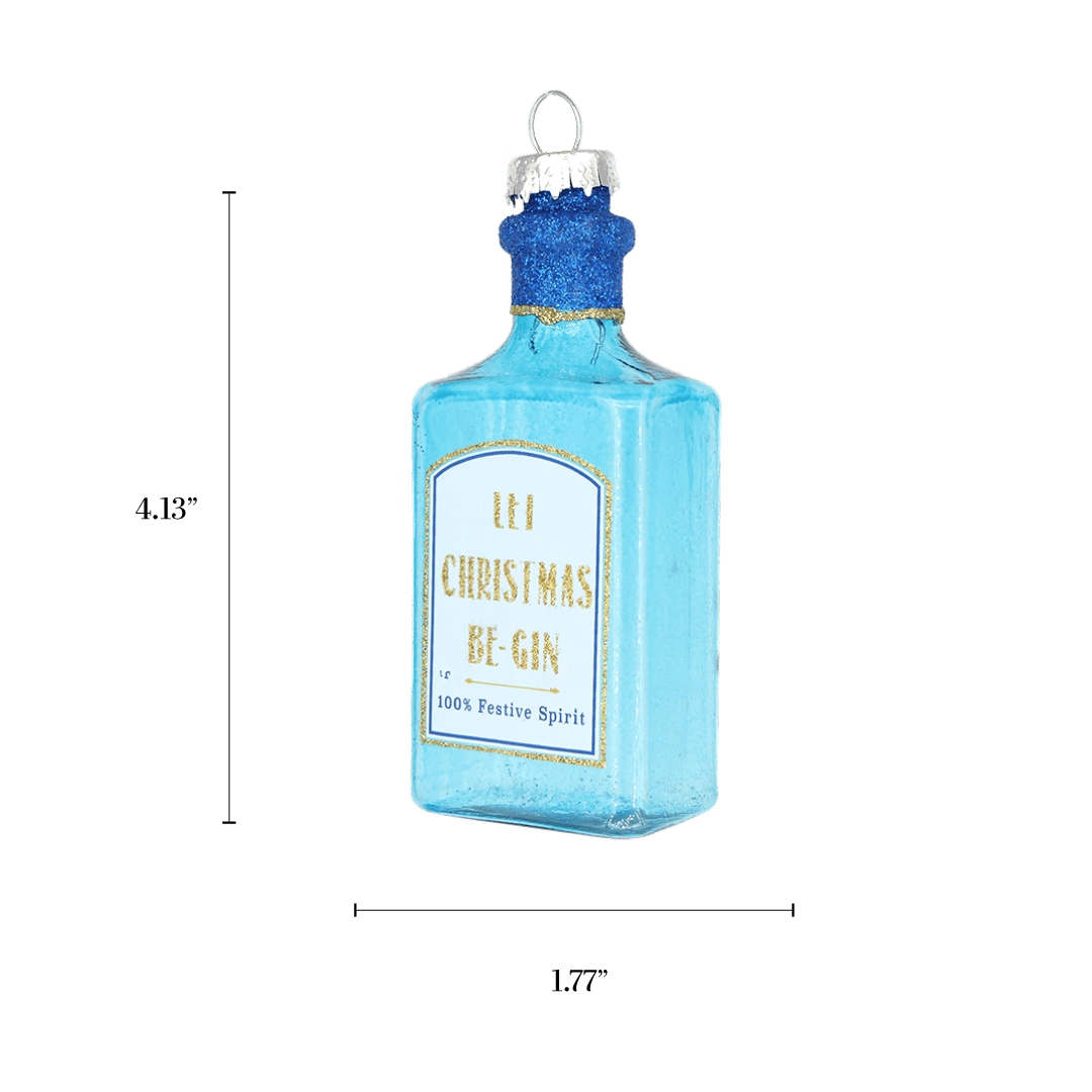 Chive glass gin bottle ornament with a dimension diagram showing its square bottle size.