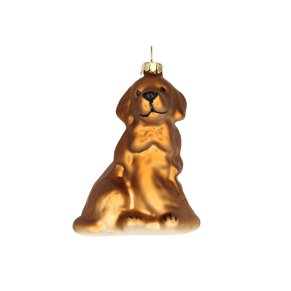 Chive glass Golden Retriever ornament in bronze tones with a seated pose and painted features.