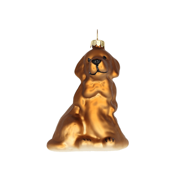 Chive glass Golden Retriever ornament in bronze tones with a seated pose and painted features.