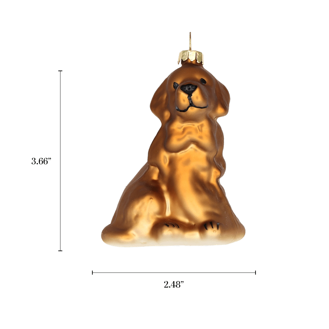 Chive glass Golden Retriever ornament with a dimension diagram showing its seated silhouette.