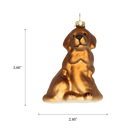 Chive glass Golden Retriever ornament with a dimension diagram showing its seated silhouette.