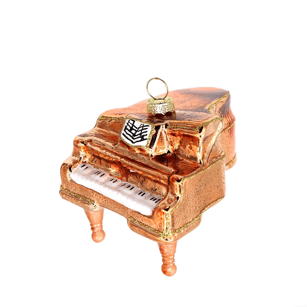 Chive glass grand piano ornament in copper with a white keyboard and gold glitter trim.