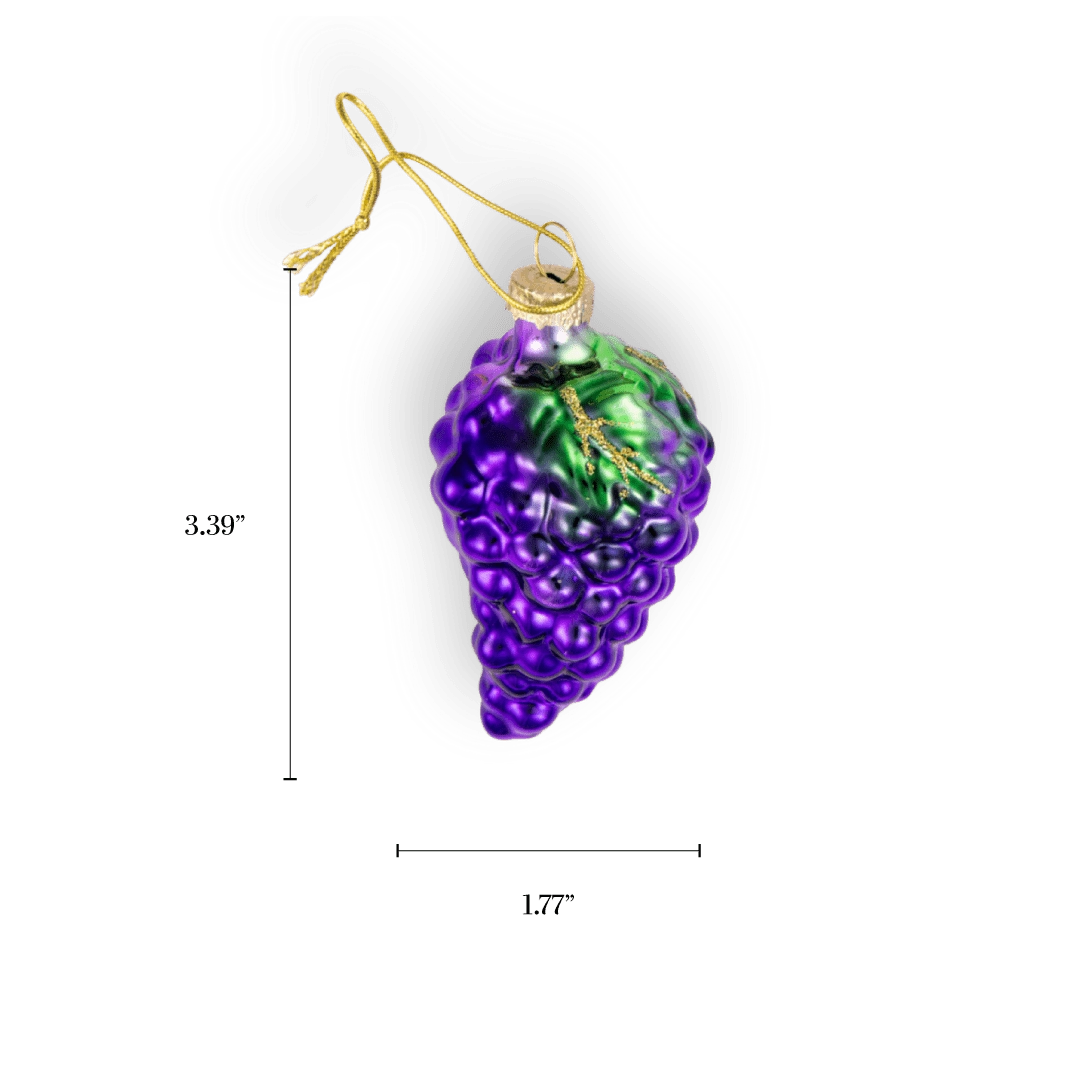 Chive glass grape cluster ornament in purple with a gold-veined leaf.