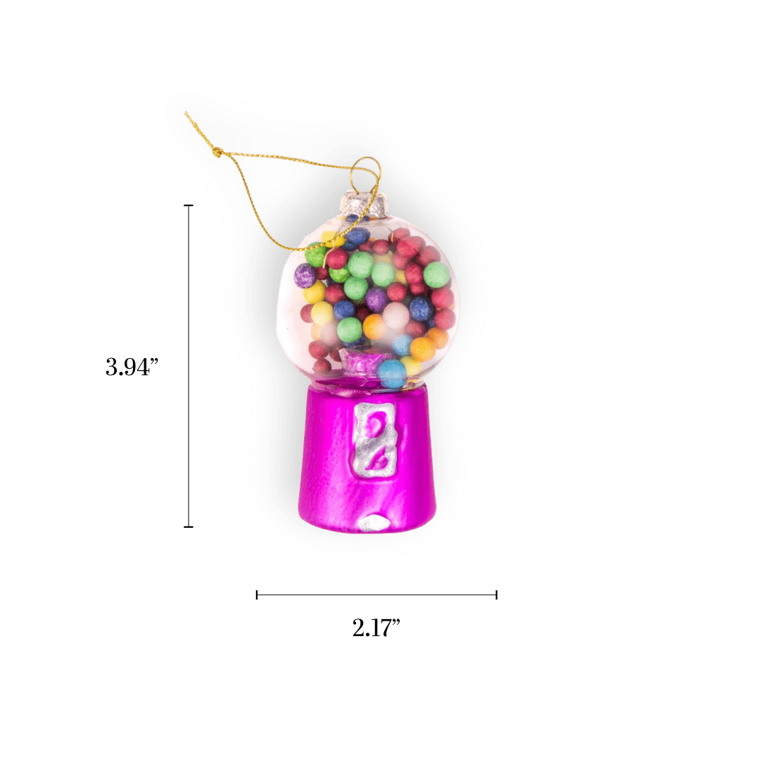 Chive glass gumball machine ornament in pink with multicolor candy fill.
