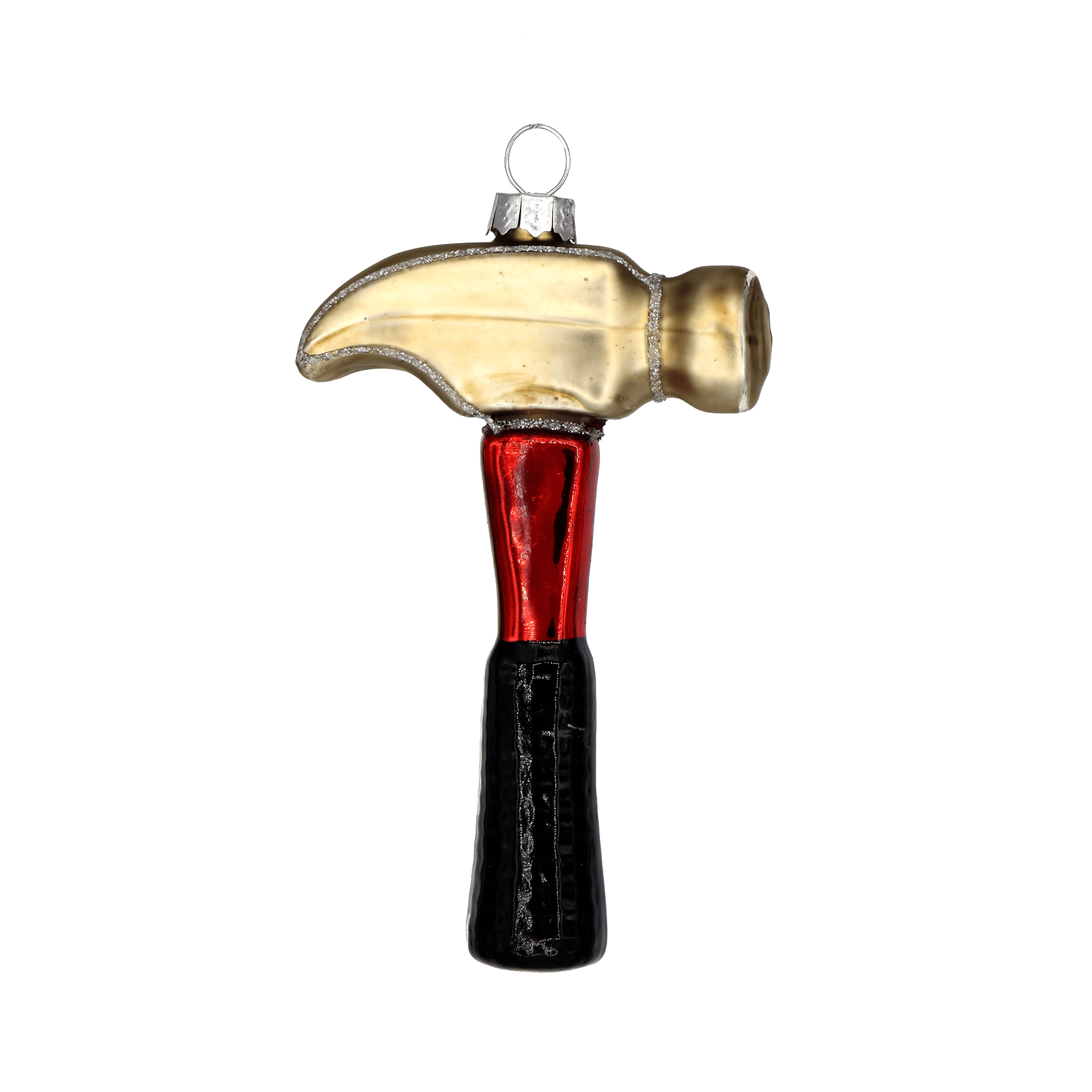 Chive glass claw hammer ornament with a red handle, black grip, and glittered gold head.