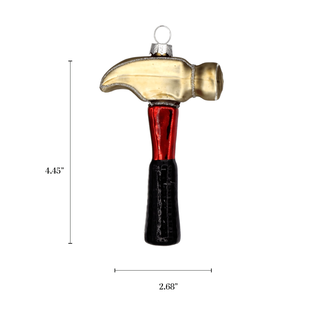 Chive glass claw hammer ornament with a dimension diagram showing its compact tool size.