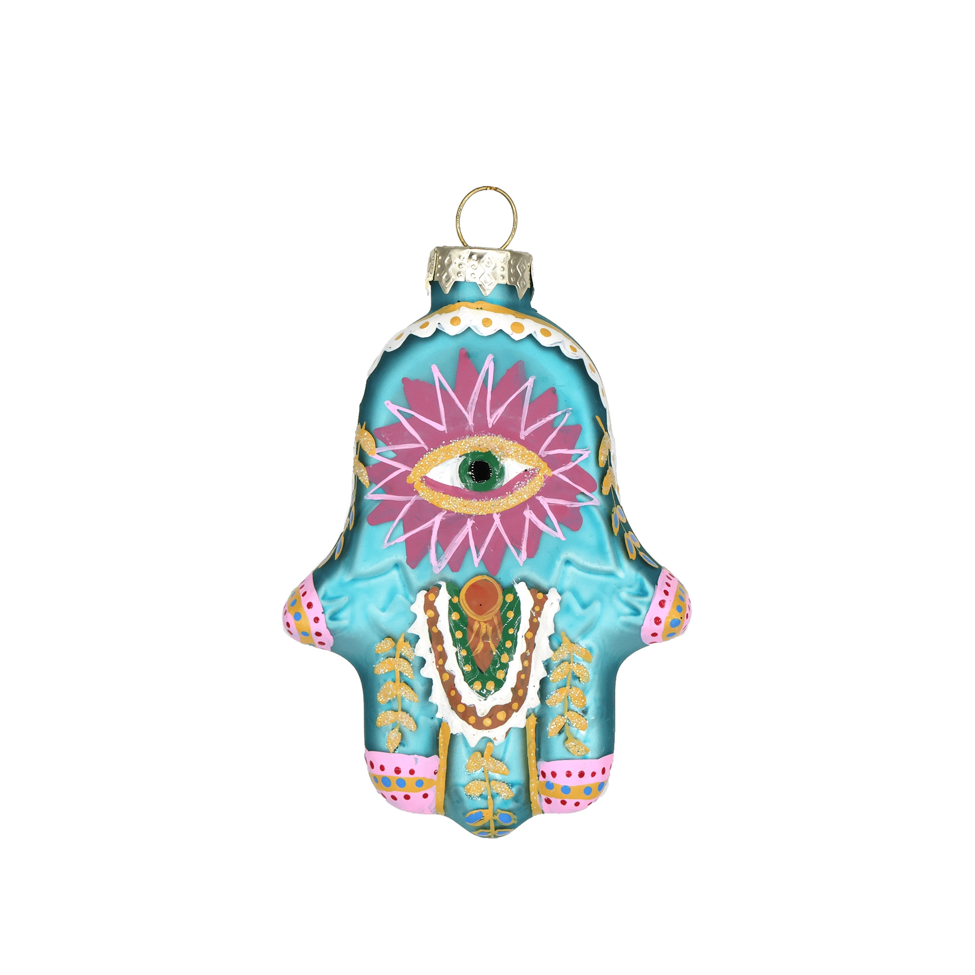 Chive glass hamsa hand ornament in turquoise with a pink evil eye design and gold leaf detail.