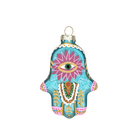 Chive glass hamsa hand ornament in turquoise with a pink evil eye design and gold leaf detail.